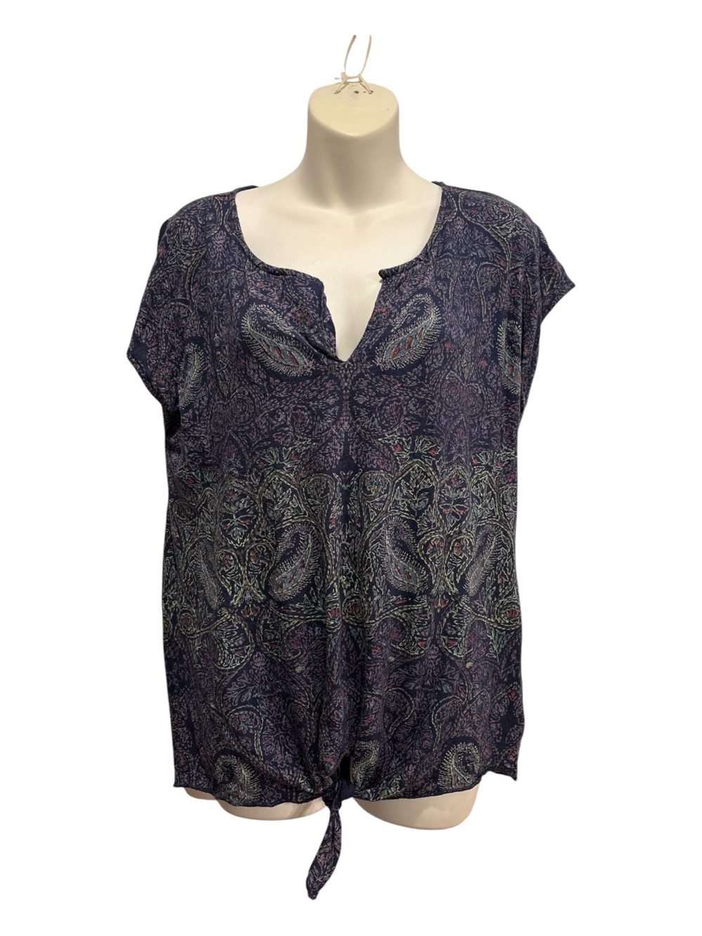 Lucky Brand Navy Paisley Split V-Neck Tie-Front Blouse